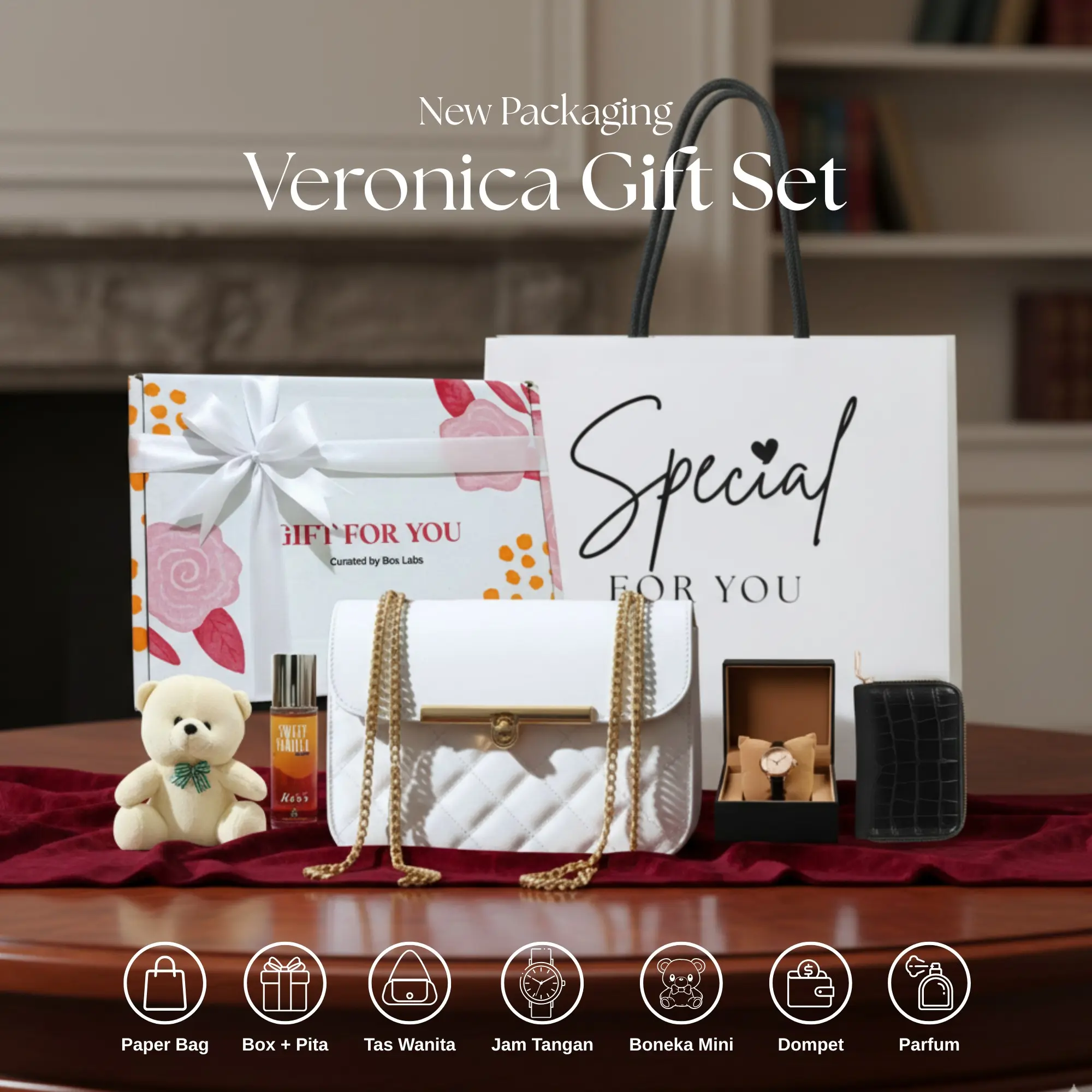 Veronica Gift Set - 1 Set Kado Ulang Tahun Tas Cewek Lengkap dengan Tas Selempang Hitam Putih, Jam Tangan, Dompet, Boneka Mini & Parfum 30ml