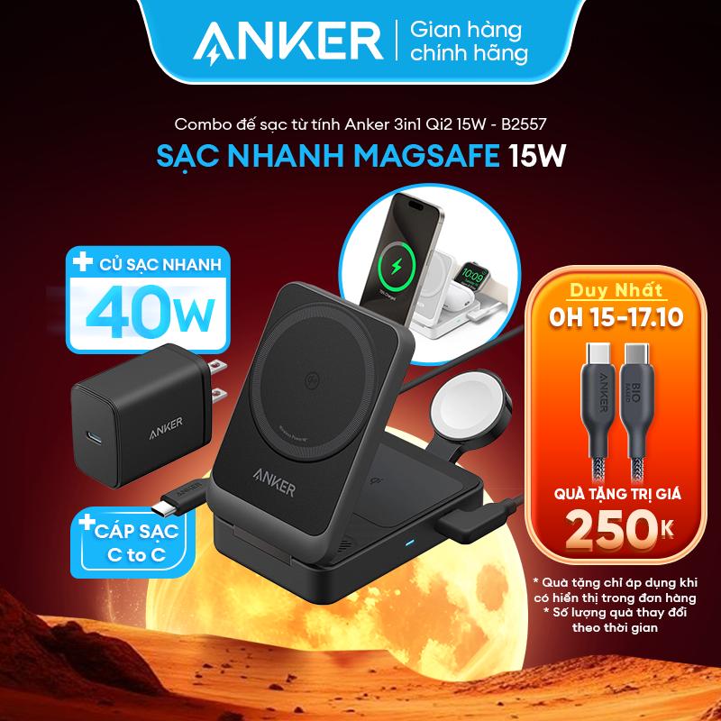 Đế sạc từ tính Anker MagGo 3in1 - Đạt chuẩn Qi2 sạc nhanh không dây 15W - Gấp gọn tiện lợi - Kèm củ sạc 40W và cáp sạc - Đạt MFi & MFW bởi Apple - Thích hợp cho iPhone 12 đến iPhone 16, AirPods, Apple Watch - B2557