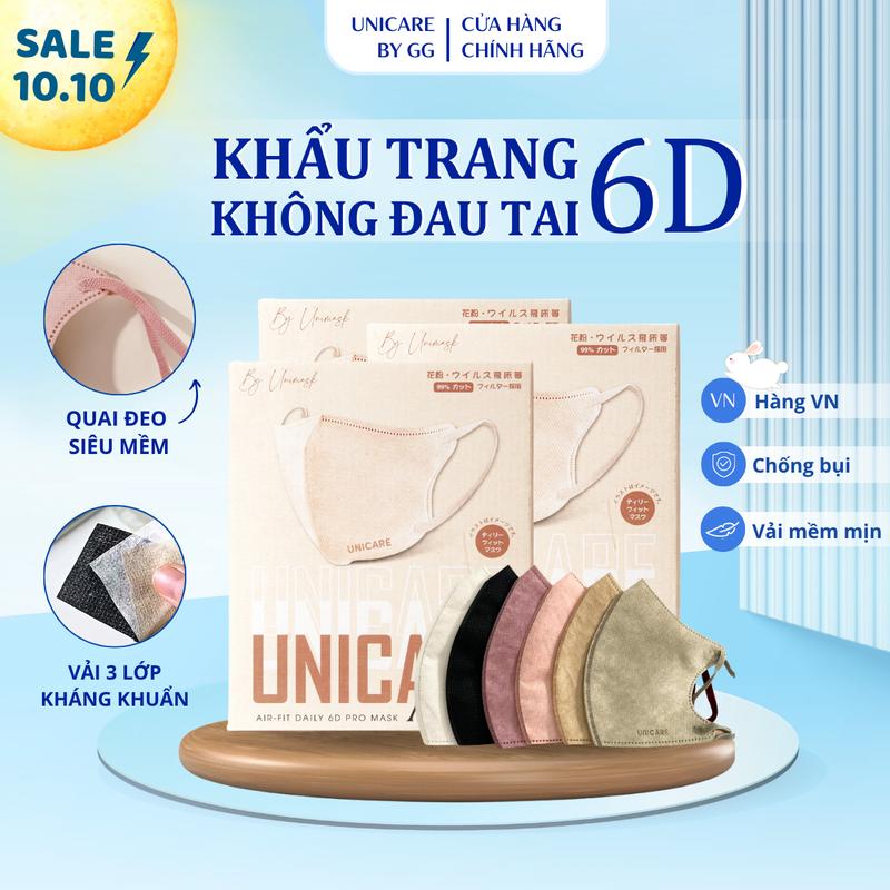 [SALE THÁNG 10] Combo 100 Chiếc Khẩu Trang 6D Pro Mask Unicare Phù hợp Nam Nữ, Dây Đeo Co Giãn Chất Mềm Mại,  Chống bụi, Chống nước, Chống tia UV, Mix màu trendyPhụ Kiện