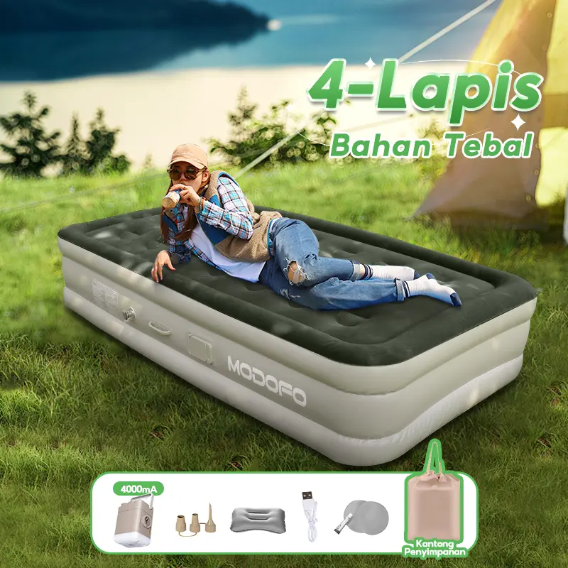 MODOFO Outdoor Matras Kasur Angin Pompa Otomatis Matras Pompa Kasur Tidur Outdoor Portable Tidur Angin Bisa Tahan 3-4 Orang Inflatable Bed Pompa Tiup Double/Single AirBed Kasur Udara Rumah/Luar Ruangan Portabel Dapat Dilipat Hijau