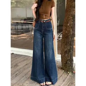 LL Jeans Korea Style Biru laut Highwaist Baggy Celana JeansWanita Elegan Bahan denim melar (realpict)