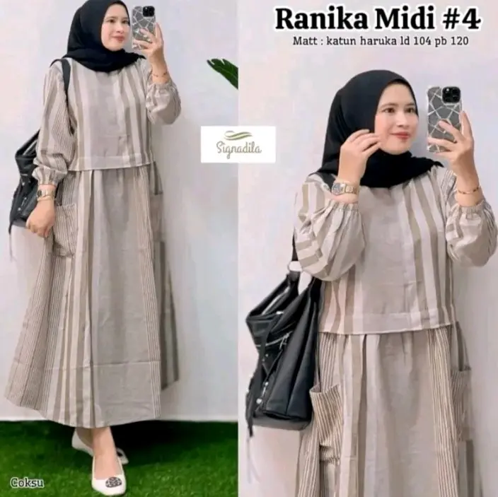 Dress Busui Ranika Midi #4 bahan Katun Haruka garis Lis Depan 0