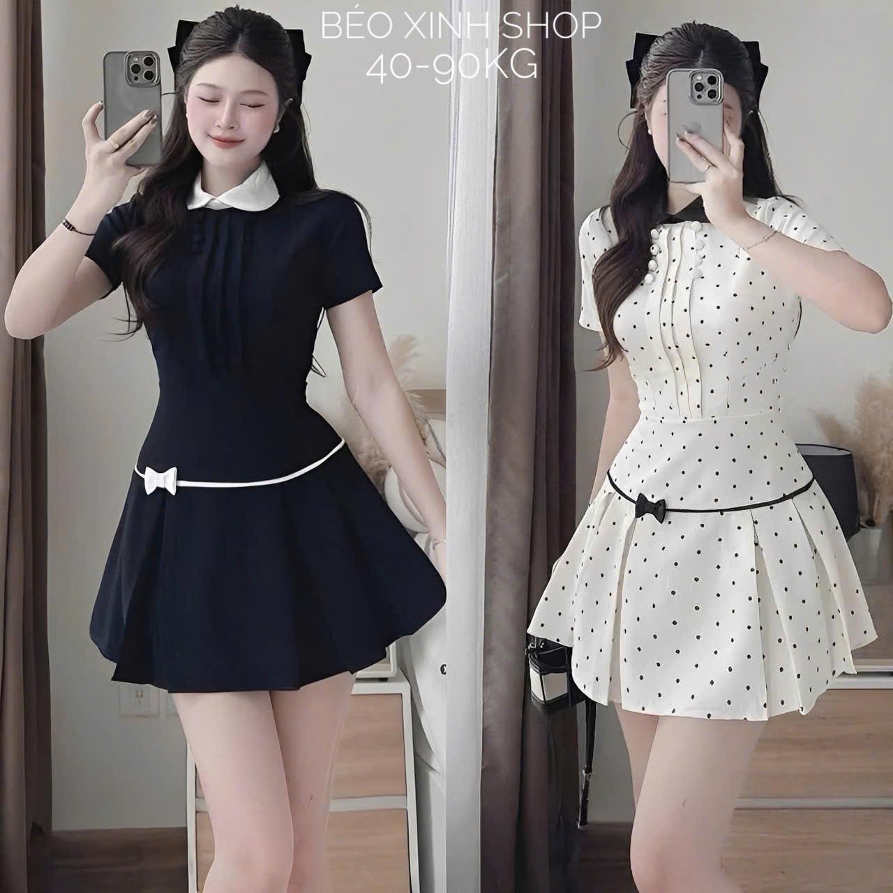 Váy Dự Tiệc Nữ Tiểu Thư Phối Nơ Vải Cotton Lạnh Chấm Bi Cao Cấp Thanh Lịch Cho Các Nàng Bigsize 40–90kg Thời Trang Nữ Béo Xinh Shop - A.1701