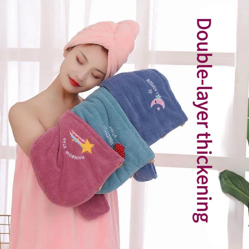 Tudung rambut kering dua lapis untuk wanita, topi cepat kering lembut untuk wanita, kepala wanita, rambut dewasa panjang, serban isi rumah yang menebal 2