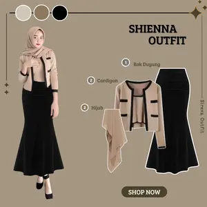 One Set Shienna Outfit { Cardigan + Rok Duyung + Hijab } OOTD Korean Style | Fashion Wanita Kekinian _ SR04 Muslim