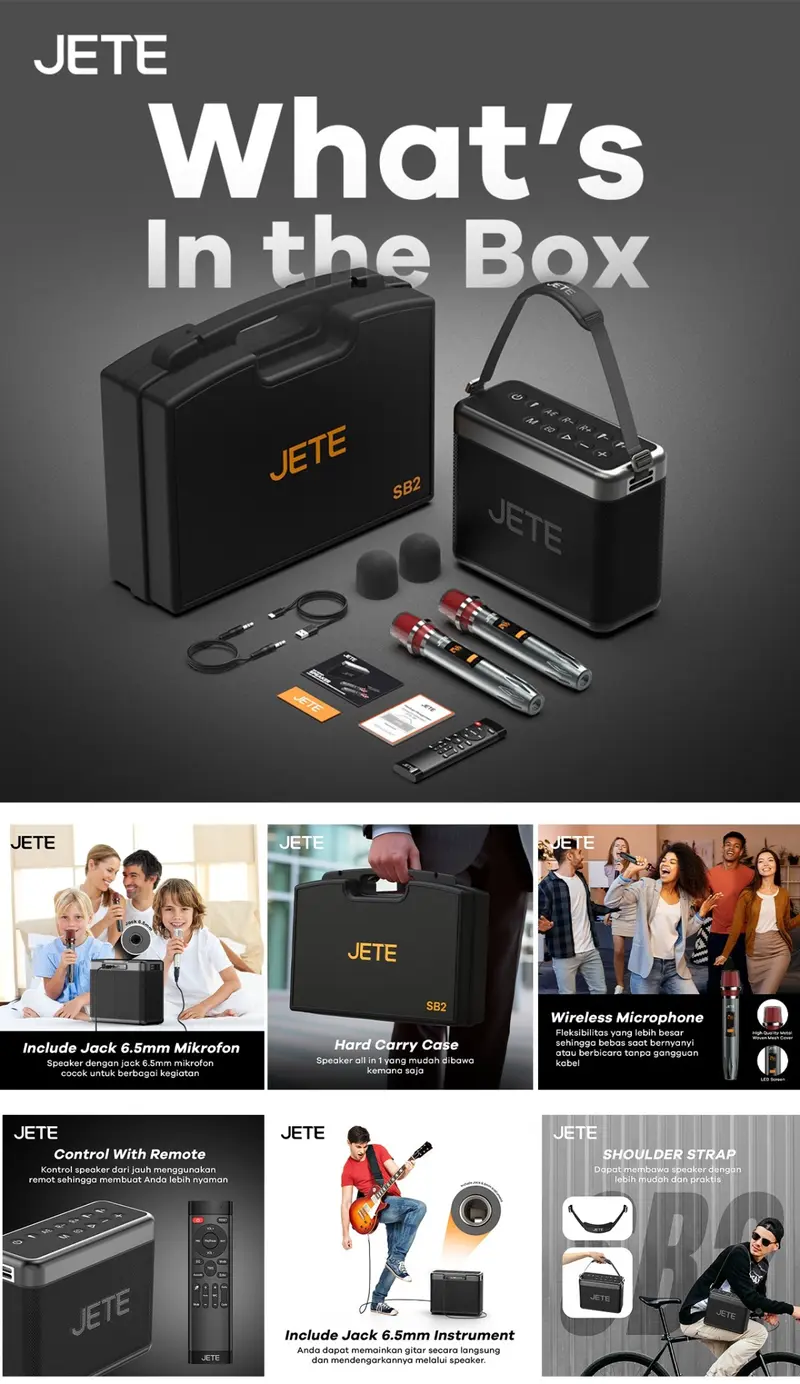 JETE SB2 Speaker Karaoke Bluetooth 2 Mic Wireless IPX6 Garansi 2 Tahun