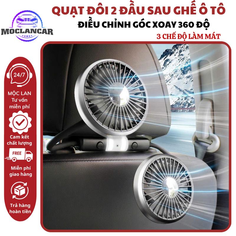  Quạt điện gắn sau ghế cho ô tô Quạt đôi cắm USB gắn sau ghế xe hơi xoay 360 độ có tích hợp đèn LED 