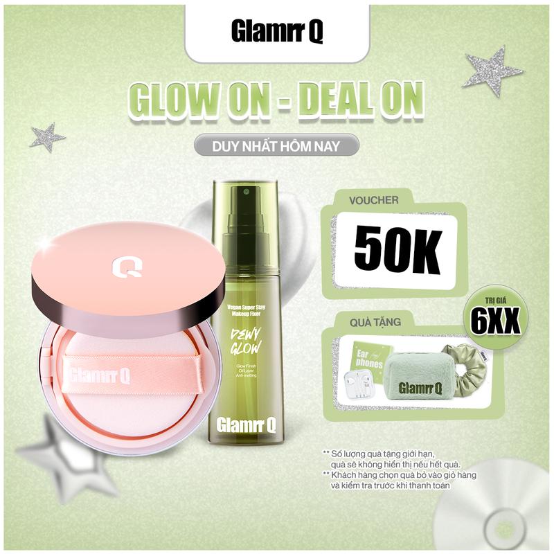 Combo GLAMRR Q LONG WEAR DD CUSHION SPF50+/PA+++ (New Version, 1 lõi 12g) & Xịt Khóa Nền Cố Định Thuần Chay Da Nhạy Cảm VEGAN SUPER STAY MAKEUP FIXER (50ml)