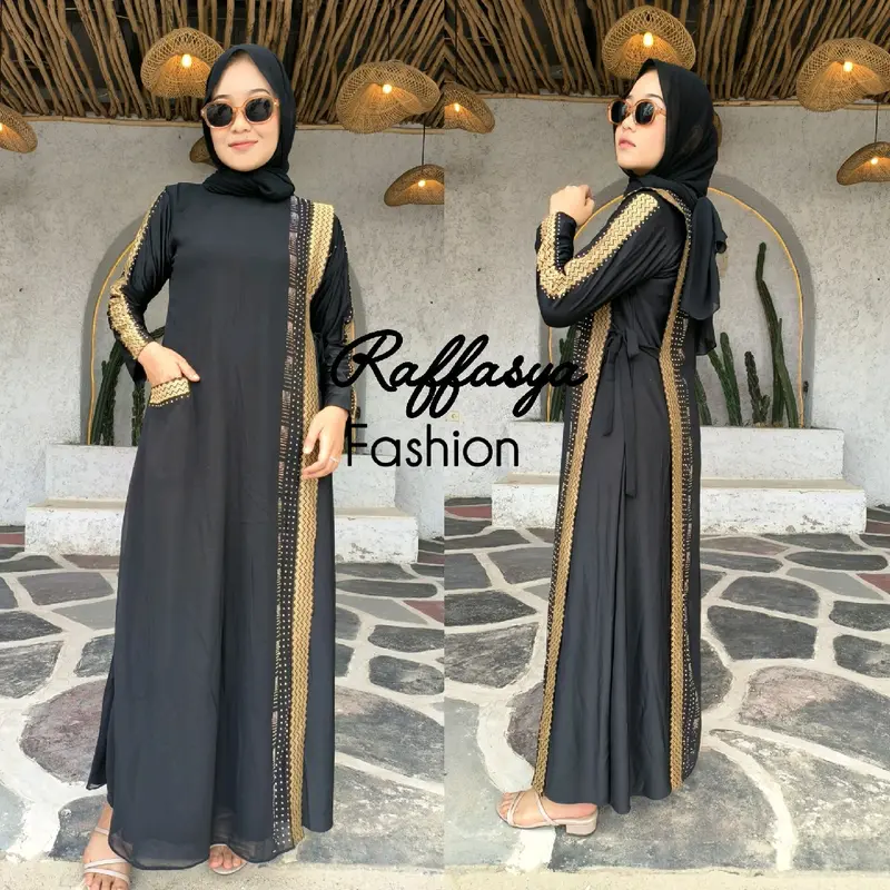 GAMIS ABAYA TURKEY CERRUTY KELILING BORDIR DEPAN BELAKANG SEAN GOLD DAN FULL HITAM 2