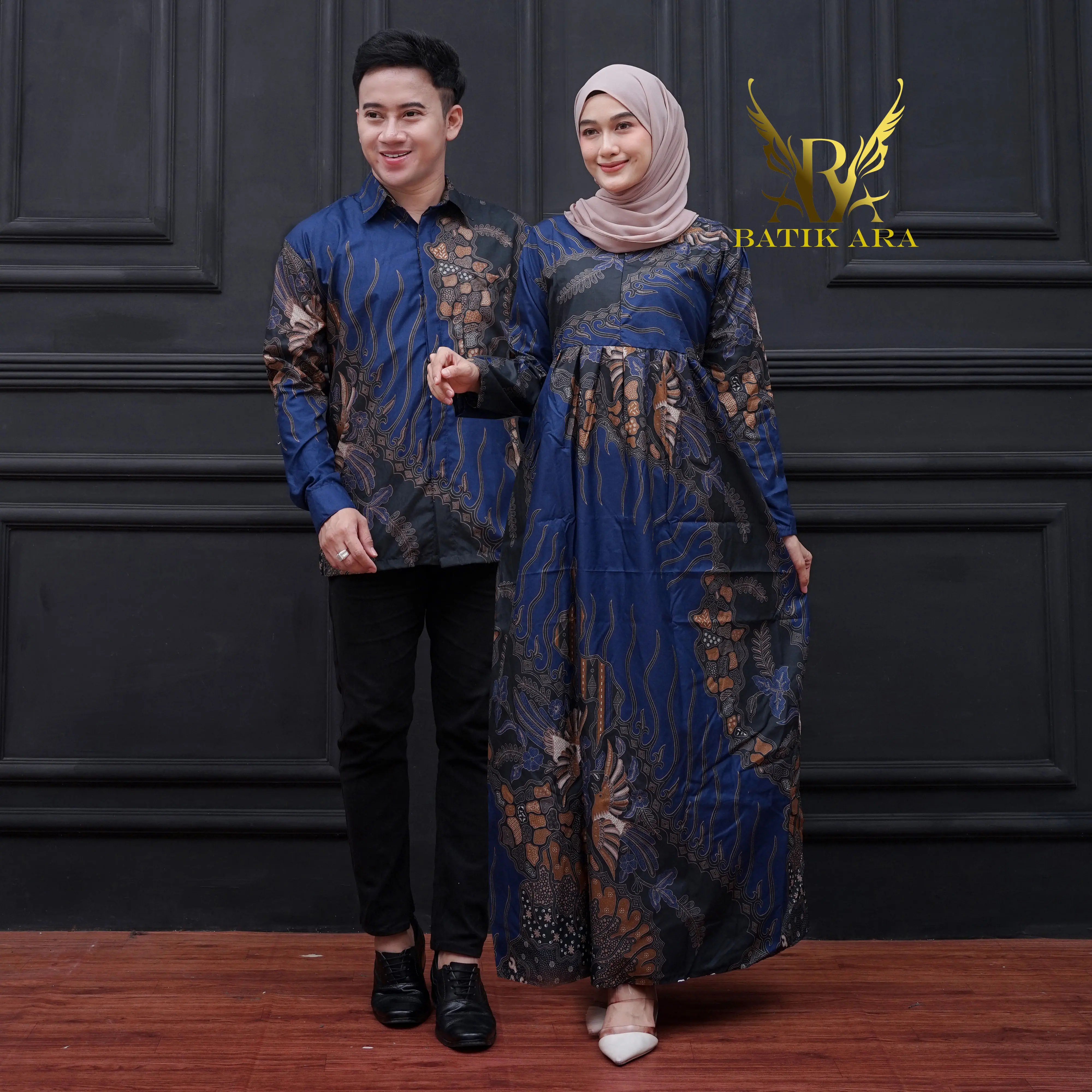 harga paket sepasang bajucouple batik sarimbit batik keluarga gamis dan kemeja lengan panjang Dewasa Katun Muslim Pasangan Wanita Kondangan Seragam Dress Mewah Kombinasi Hitam