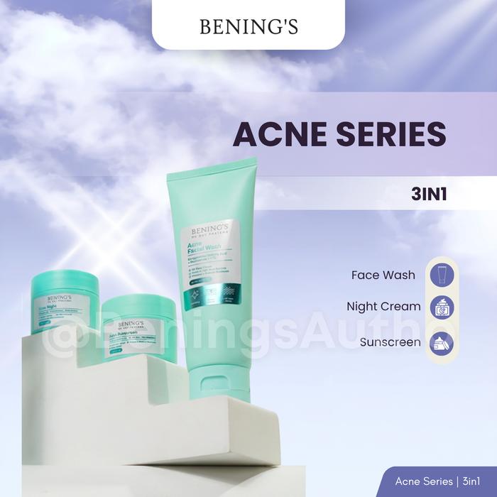 Gambar Bening's Paket 3in1 Acne Care Facial Wash Night Cream Sunscreen Jerawat Perawatan Wajah Siang Malam Kulit Berjerawat Bruntusan Benings Clinic dari Bening's Skincare Authorize Kab. Bandung Tokopedia