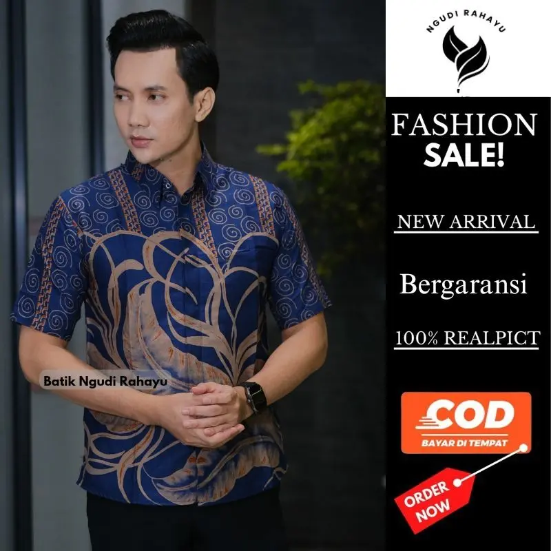 Kemeja Batik Pria Lengan Pendek Slimfit Ngudi Rahayu Terbaru Motif Biru Ungu dengan Lapisan Puring Kantong - Navy, Panjang, Kancing, Tangan
