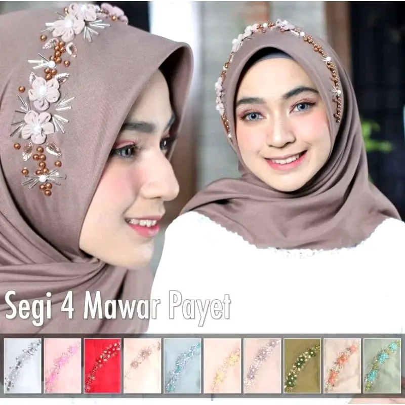 Kerudung Segi Empat Wanita Muslim Katun Voal Kerudung Syari Jilbab Square Payet Bando Mawar - Nyaman, Lembut 1