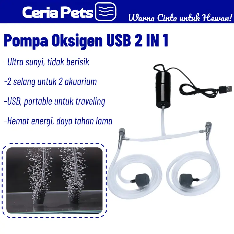 Ceria Pets Pompa Oksigen USB Ultra Sunyi 2 Selang - Untuk Akuarium Memancing Outdoor Portable Praktis dengan 2 Selang & Teknologi Peredam Suara Canggih