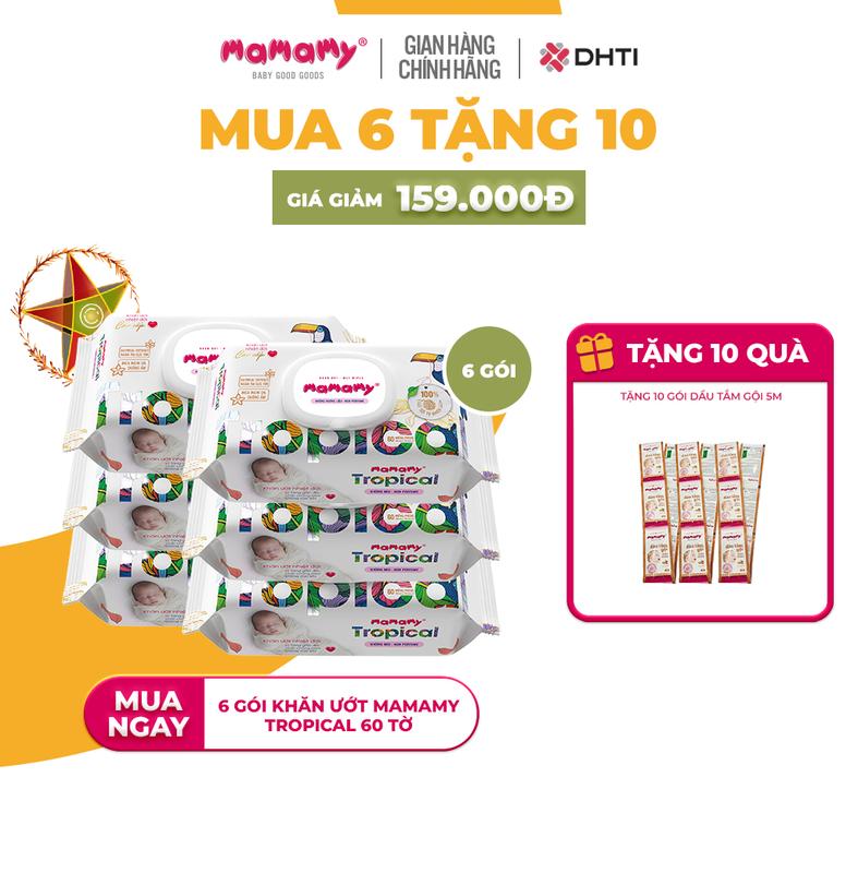 [KOC][DEAL SỐC GIẢM GIÁ + TẶNG 10 GÓI DẦU TẮM GỘI] MUA 6 gói khăn ướt Mamamy Tropical 60 tờ không mùi TẶNG 10 gói dầu tắm gội 5ml tinh dầu vỏ bưởi