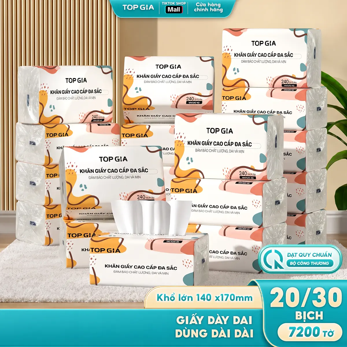 (DEAL GIỚI HẠN - MUA HÔM NAY) Thùng 20/30 Gói Giấy Ăn Đa Sắc TopGia, Giấy Ăn Cao Cấp Dập Vân 4D, 4 Lớp, Dai, Mềm Mịn, Khăn Giấy Vệ Sinh, Khăn Giấy Gia Đình Đa Năng. ĐẠT QUY CHUẨN CỦA BỘ CÔNG THƯƠNG. VTG84