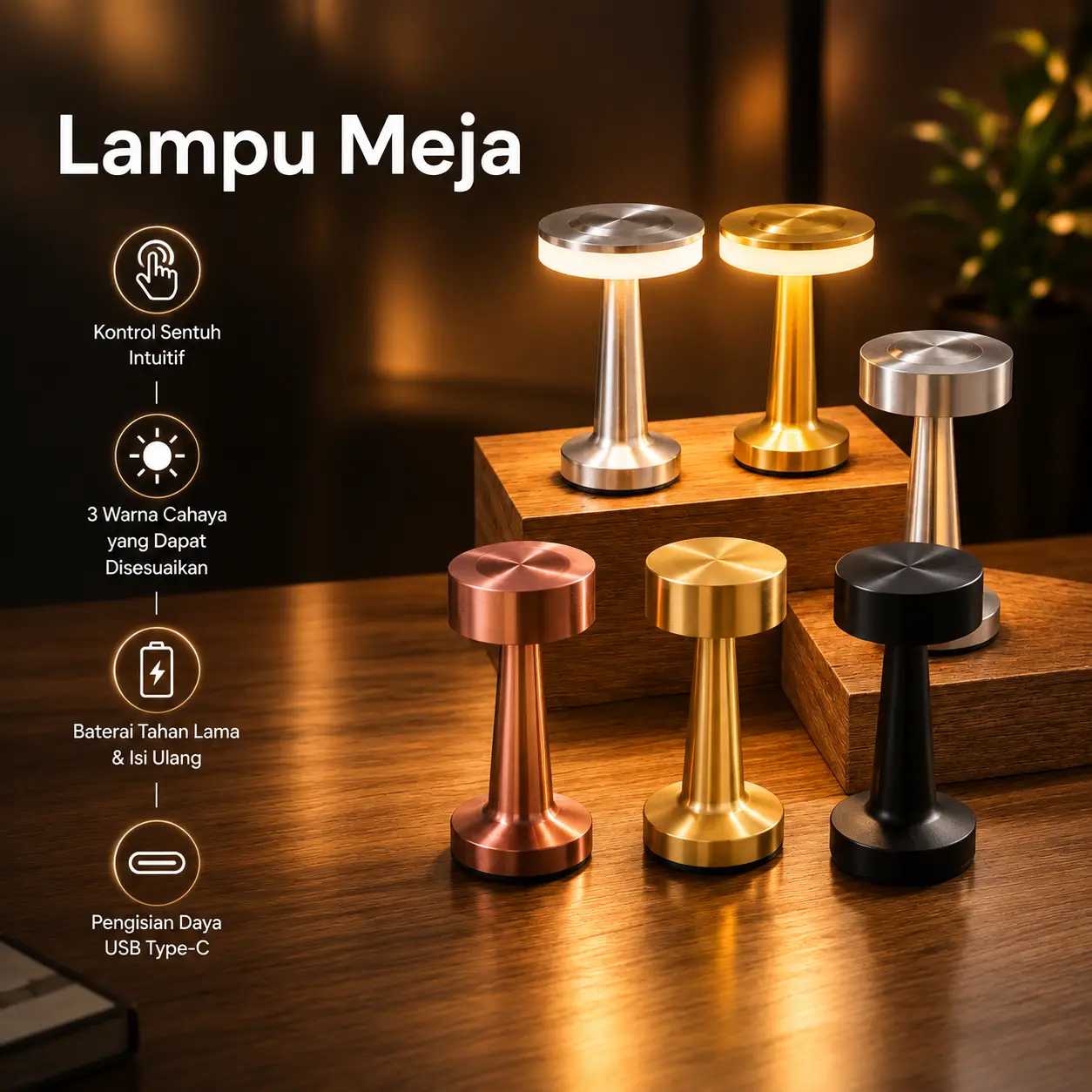 Desk Lamp Table Light Lampu Meja Hias LED Touch 3 Cahaya Rechargeable Retro Table Lamp Vintage Desk Lamp Restaurant Bar Cafe Bedroom Decoration Night Lights