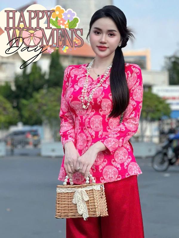 Pháp Phục Hân Nguyễn - B.A123 - Áo Bà Ba Gấm Tơ Tứ Hỷ Nút Nụ Cổ Tim Dây Kéo Nữ Top Women Sơ Mi Shirt Cổ Tròn