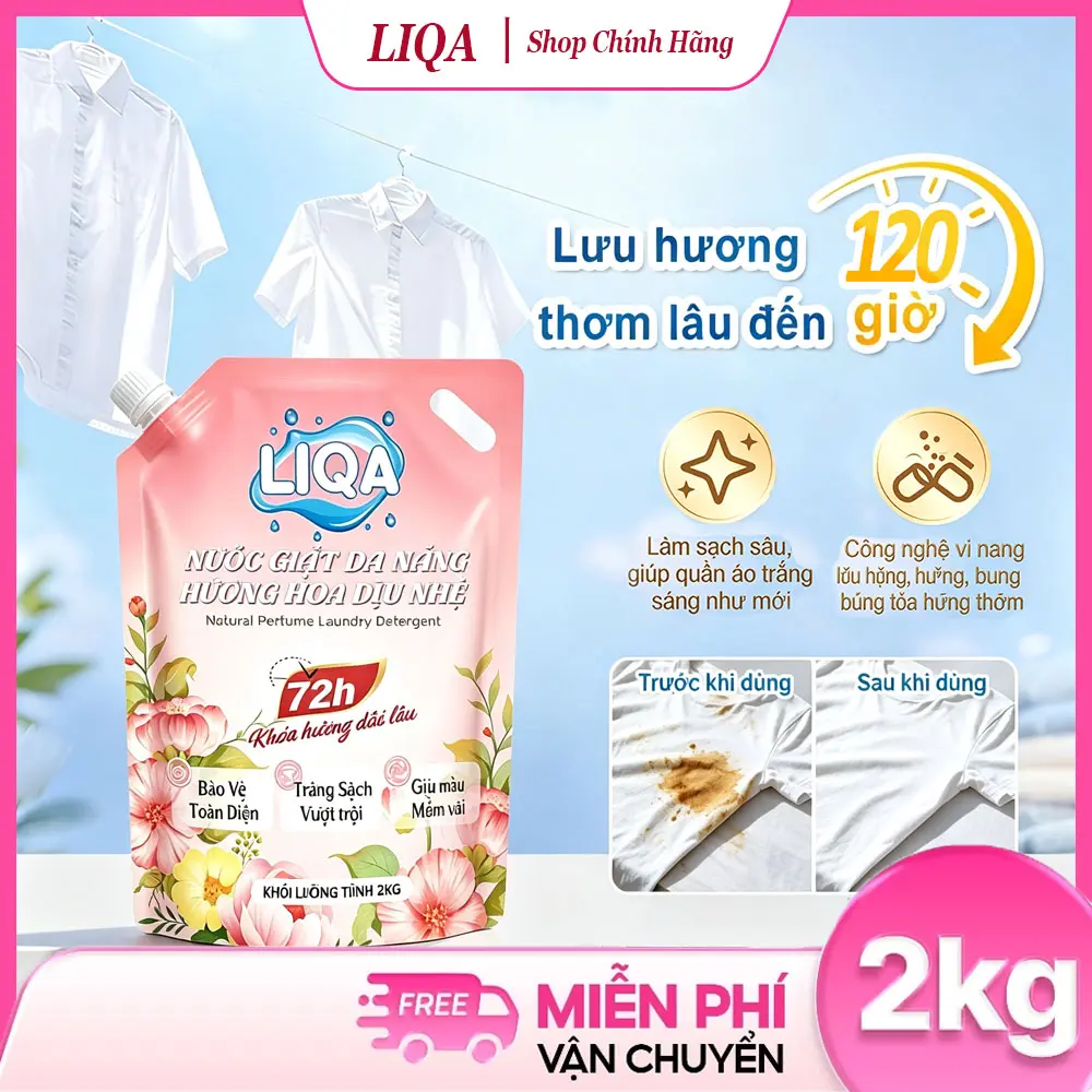 【COD】LIQA Nước Giặt 2kg - Hương Hoa Dịu Nhẹ Chiết Xuất Từ Thực Vật Tự Nhiên Giúp Hương Thơm Lâu Lâu 72 Giờ An Toàn Cho Da Tiết Kiệm Quần Áo Không Phai Màu Vĩnh Viễn Sản Xuất Tại Việt Nam