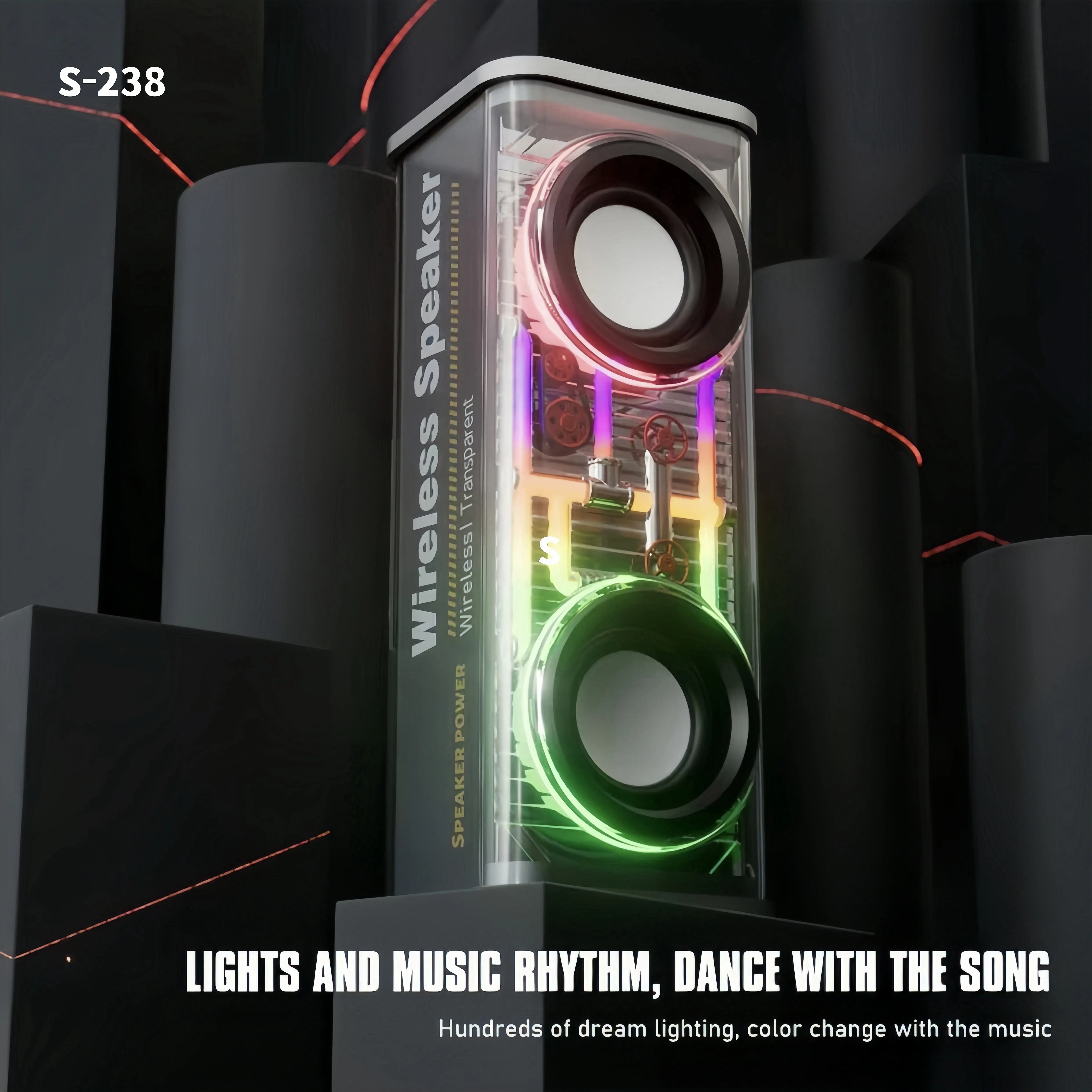 【speaker Bluetooth】【V8 double speaker transparant subwoofer】【COD】13.6W Daya Super Besar-Bass ekstra berat,RGB LED 7 color light,5H Daya tahan baterai hingga，Jam，Wireless Spiker，Wireless，Spiker