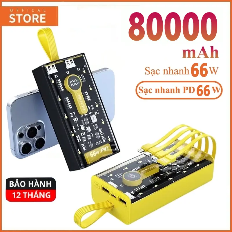 Sạc Dự Phòng 66W 80000mAh  50000mAh Sạc Siêu Nhanh Trong Suốt Tích Hợp 4 Cổng Sạc Tiện Lợi Có Đèn LED