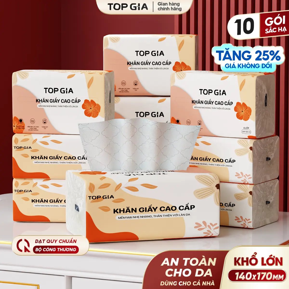 [ƯU ĐÃI SỐC] Thùng 10 Gói Khăn Giấy Sắc Hạ Khổ To TOPGIA, giấy ăn cao cấp 4 lớp dập vân 4D bền chắc mềm mịn, khăn giấy vệ sinh ĐẠT QUY CHUẨN CỦA BỘ CÔNG THƯƠNG VTG83