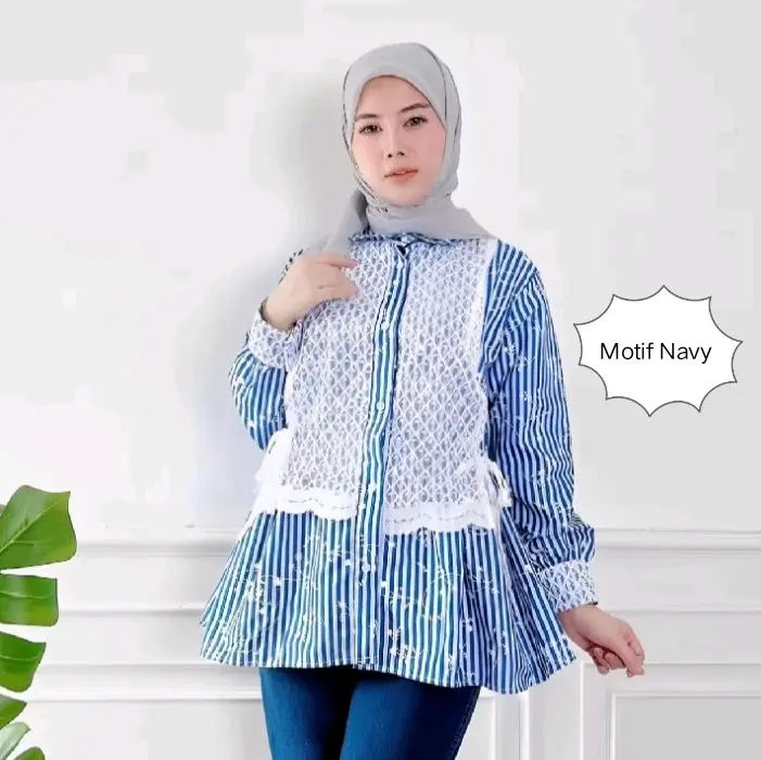 Kemeja Katun Pololinen Mix Brokat Korean Style // Kemeja Wanita Lengan Panjang