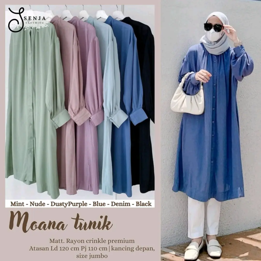 Moana tunik by SENJA COCLLECTION (atasan blouse tunik polos, bahan rayon crincle premium,kancing depan)