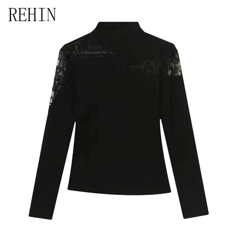 REHIN Áo Thun Cotton Dài Tay Bất Đối Xứng Phong Cách Hàn Quốc Mới Mùa Thu Đông, Dáng Ôm, Áo Nữ Thời Trang Top Women 5