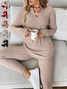 Conjunto de 2 piezas para mujer, casual de tejido de punto con rib y felpa, camiseta de manga larga y leggings, ideal para otoño e invierno