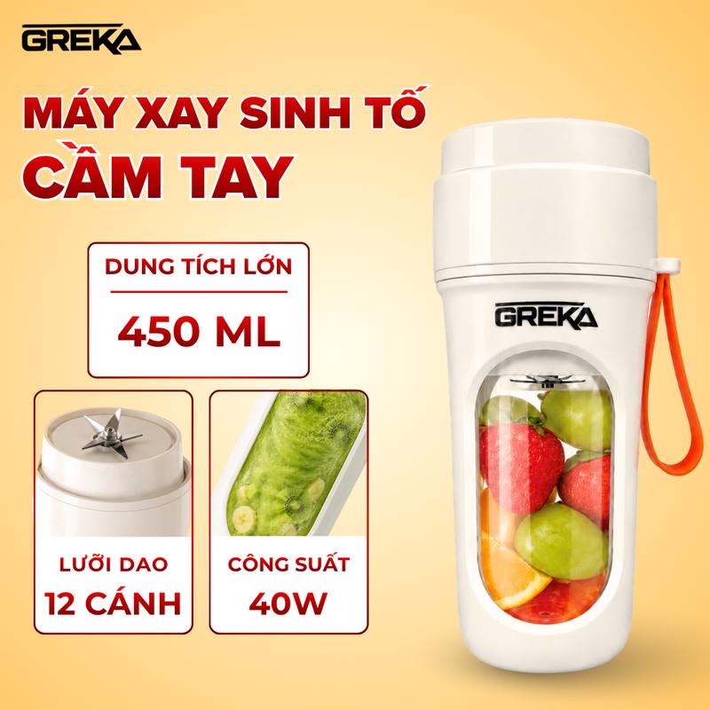 Máy Xay Sinh Tố Cầm Tay Dùng Pin GREK 450ml - 12 Lưỡi Dao Inox 304 Xay Hoa Quả Nhanh Chóng, Tặng Nắp & Ống Hút