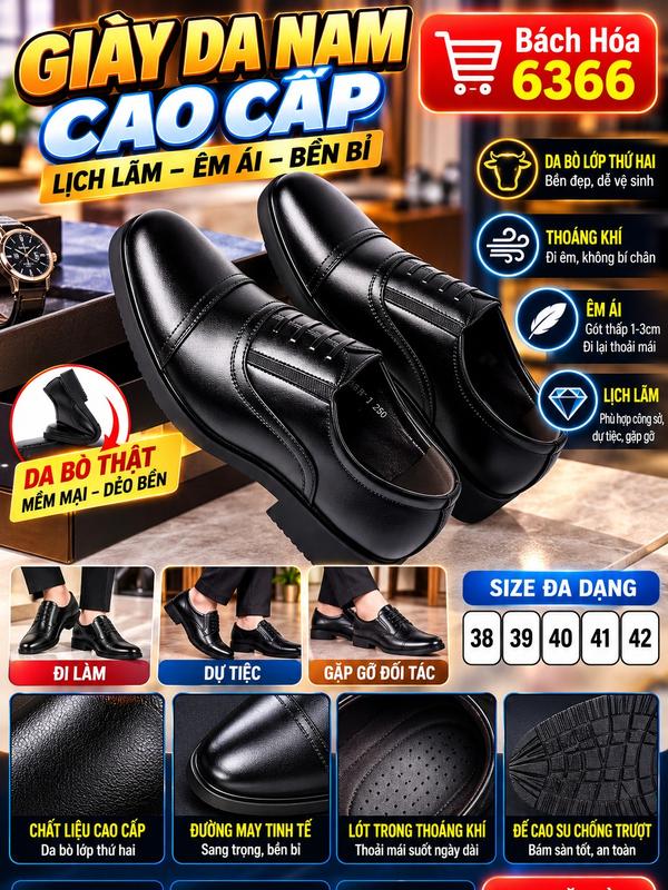 Giày Da Nam Công Sở Mã 230, Giày Lười Nam Không Dây Màu Đen, Mũi Tròn, Đế Cao Su, Phong Cách Lịch Lãm