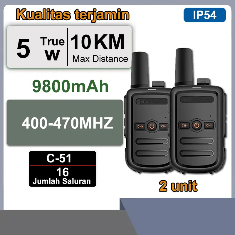 2PCS HT C51 Mini Walkie Talkie UHF 5 Watts 16 Channels USB Charging Handy Talky Two Way Radio 10KM kapasitas baterai 9800mAh