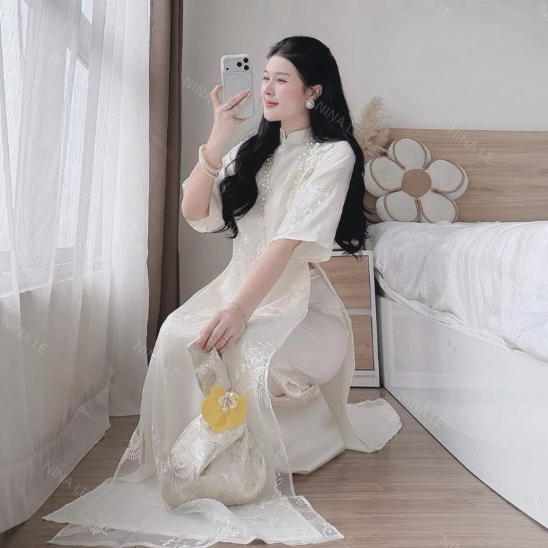 Áo Dài Cách Tân Hạc Vũ A130 Áo Dài Tơ Thêu 4 Tà Phối Nút Tàu Phối Dây Tua Rua Mặc Lễ Tết Lễ Chùa Ăn Cưới - Akara Closet | BigBuy360 - bigbuy360.vn