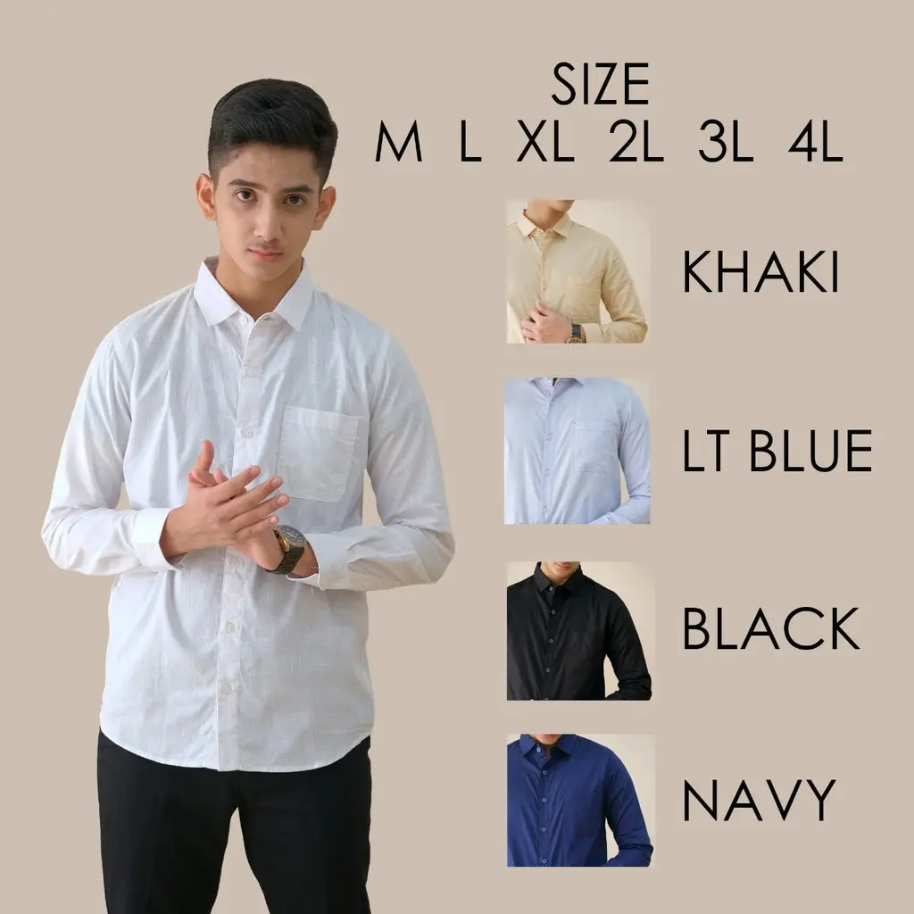 RILLEY - Raven Baju Kemeja Pria Polos Lengan Panjang Black White Navy LT Blue Cream