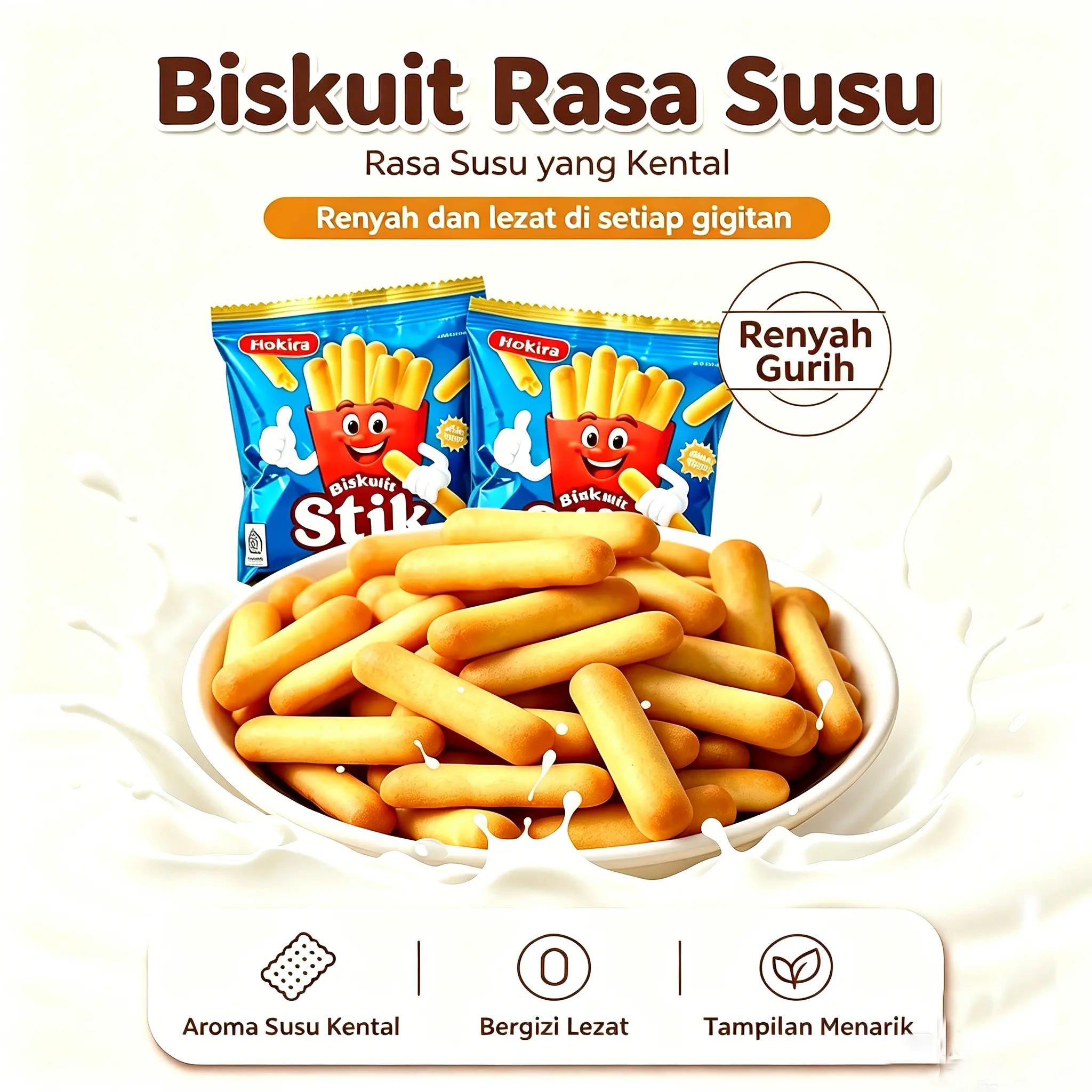 Hokira Stik Biskuit Susu Segar Aroma Susu Kental Renyah Lumer, Bahan Telur & Susu Bubuk Gandum Rasa Gurih Nusantara, Camilan Keluarga Tanpa Pengawet Tahan Lapar Cocok Untuk Anak dan Lansia