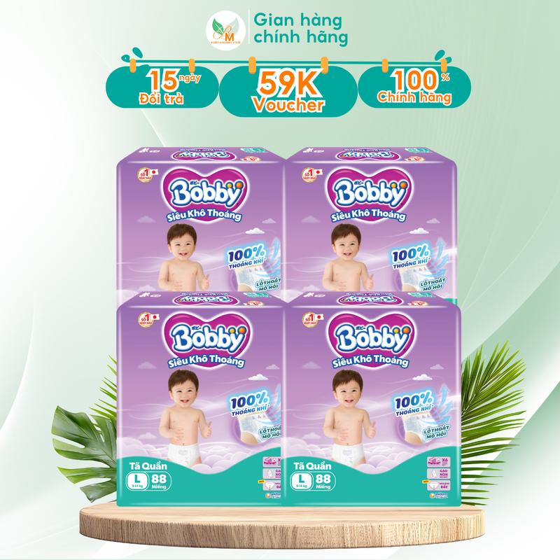   COMBO 4   Bỉm quần BOBBY ULTRA siêu khô thoáng lỗ thoát mồ hôi size M96 - L88 - XL76 - XXL70 - Tặng 05 Khăn ướt 80m 