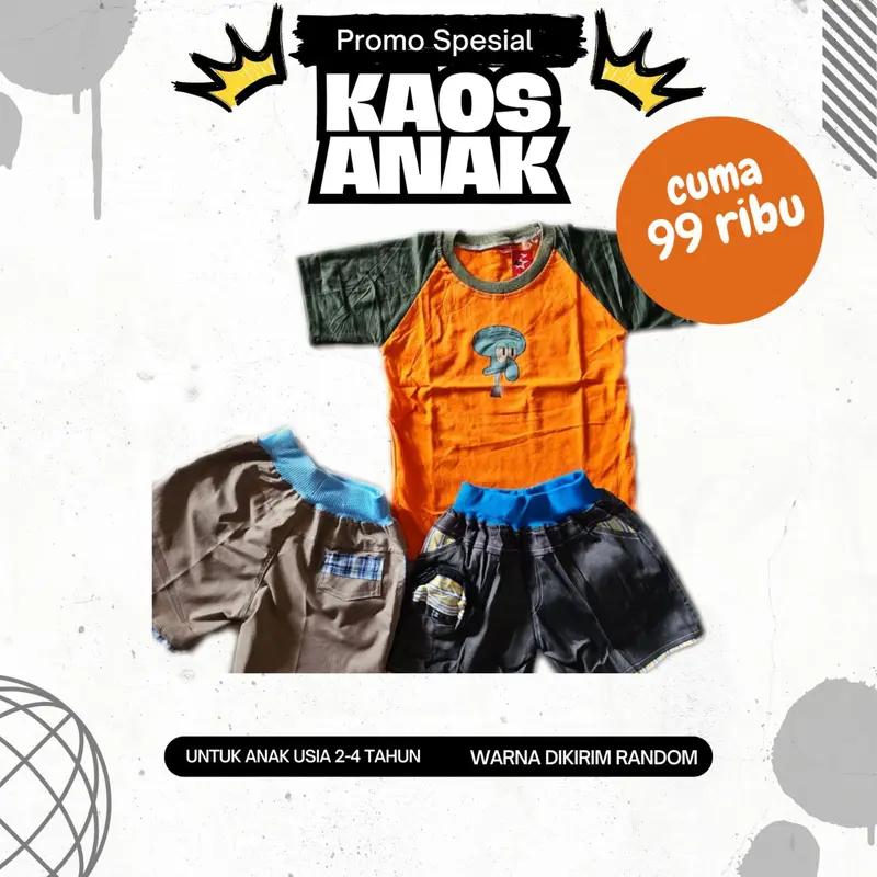 Promo setelan anak 100 rb dapat 3 picis yang trendy terdiri dari kaos dan celana yang nyaman,stelan ini terbuat dari bahan katun lembutt berkualitas sehingga memberikan rasa nyaman bagi sibuah hati 1