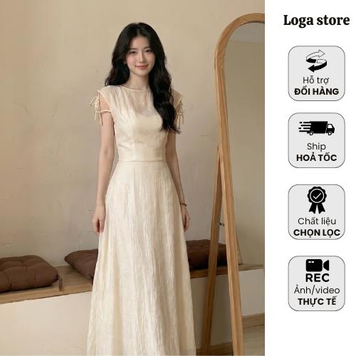 Đầm maxi nữ màu kem thanh lịch , Váy dài tôn eo dáng xòe nhẹ phong cách Hàn Quốc cao cấp Logastore_L11
