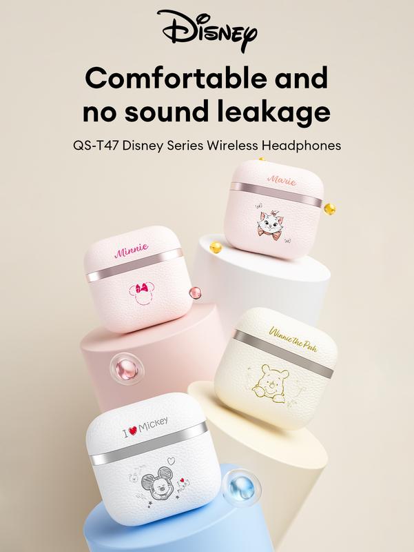 Tai nghe Bluetooth Disney, QS-T47, Không Dây thực sự bán trong tai, Khử tiếng ồn cho cuộc gọi, Âm Nhạc chất lượng cao, Bluetooth 5.4, Thiết kế da, Tuổi thọ pin dài, Thích hợp cho thể thao.
