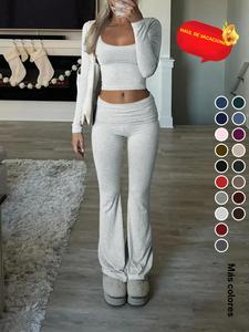 Conjunto de dos piezas para mujer con camiseta corta de cuello cuadrado y pantalones acampanados, Conjunto de dos piezas informal y moderno para el día a día, Ropa de mujer para otoño e invierno