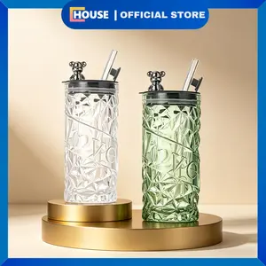UHOUSE Gelas Kopi Tumbler Kaca Bear Lid / Tumbler Kaca Estetik + Sedotan dengan Tutup Beruang