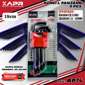 APR Kunci L Set Ballpoint Panjang 9PCS (1.5 - 10 MM) Bahan S2 tahan karat Kunci L Set panjang. AP74