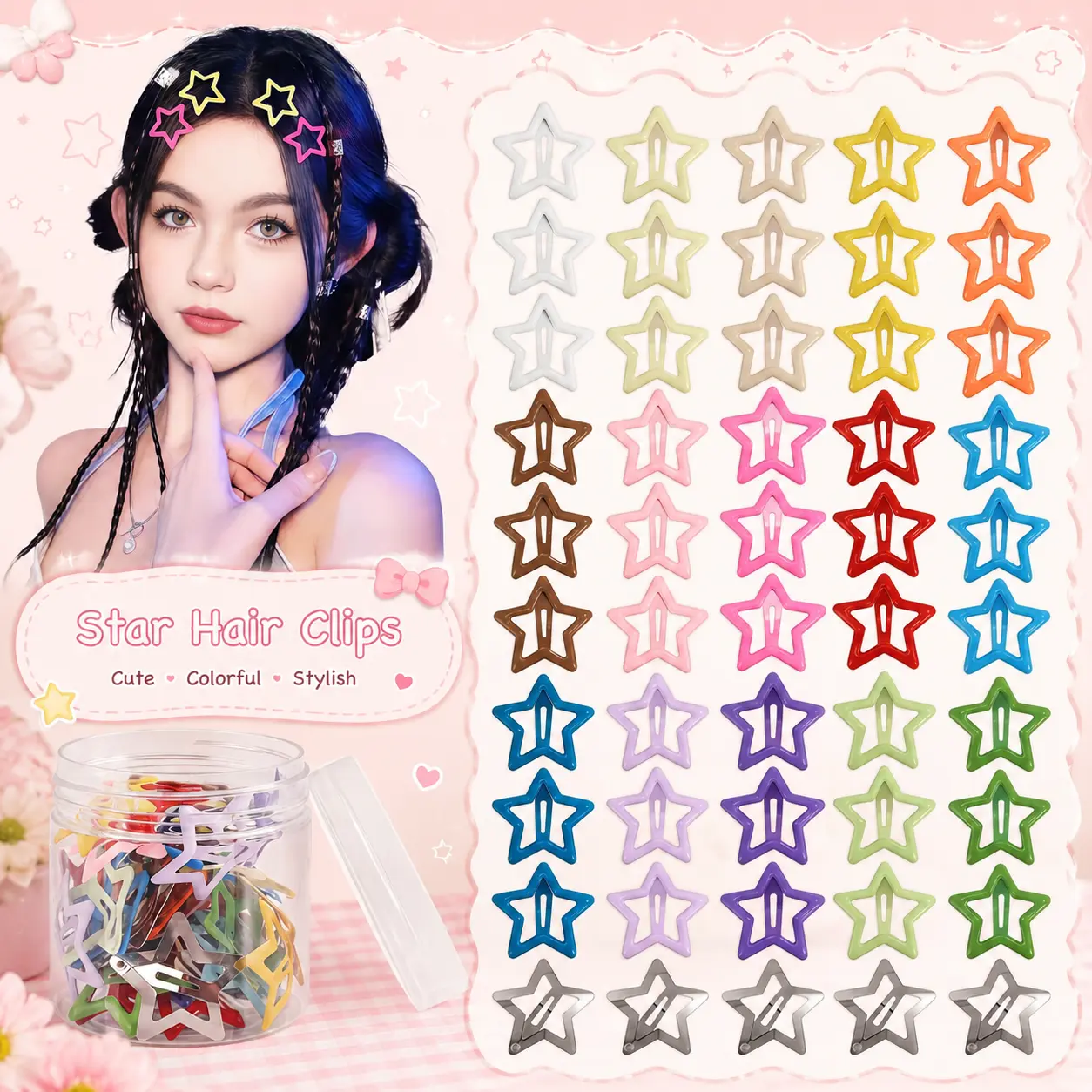 PAKET HEMAT jepit rambut 50 pcs jepit Clips anak 7 dewasa bentuk Bintang jepit stars warna warni random & mix warna accessories Jepitan anak lucu Jepit rambut anak perempuan pentagram warna  jepitan anak Korea terbaru 2025 Fashion