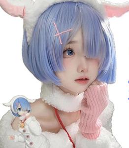 Re:ゼロからスタートめるOTHERWORLDでの人生 ラム・レム風コスプレウィッグ コスプレイベント小さいさな小さな小道具を使って ショートボブヘアセット 人毛 ウィッグ