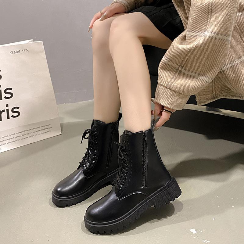  Boot Martin Phong Cách Mới Dành Cho Nữ Màu Đen Đế Dày Tăng Chiều Cao Có Dây Buộc Và Khóa Kéo Phong Cách Bảo Hộ Lao Động Cổ Điển 