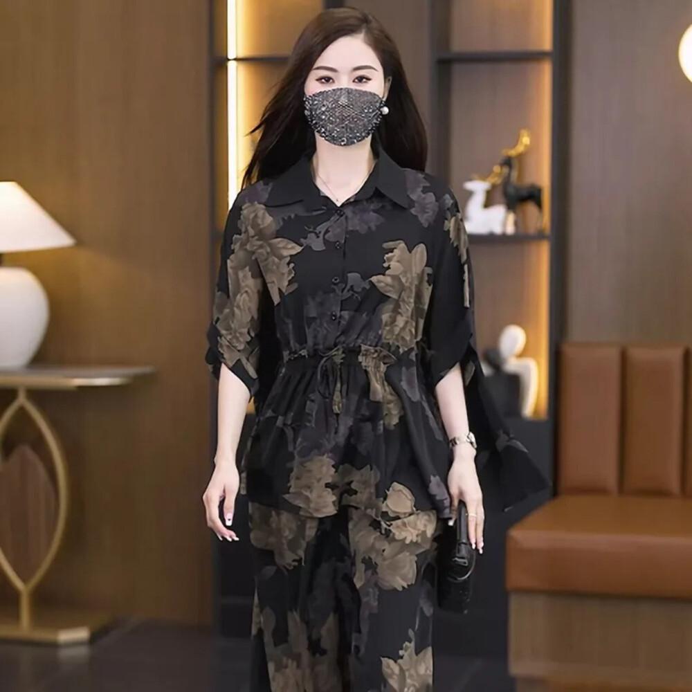 FADFAD setelan wanita atasan berkerah lengan model kelelawar dengan celana panjang motif bunga