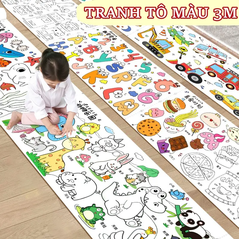 Tranh tập tô màu dài 3M cho bé, Tranh tô màu nhiều hình thù đáng yêu ngộ nghĩnh 0.3*3M, Đồ chơi hàng ngày cho bé