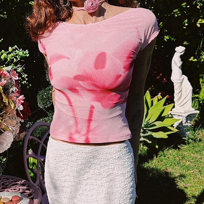Áo Cropped Xén, In Hoa, Màu Hồng, Thẩm Mỹ Coquette, Ôm Sát Cơ Thể, Áo Thun ngắn Tay Áo, Áo Thun Hở Lưng Gợi Cảm