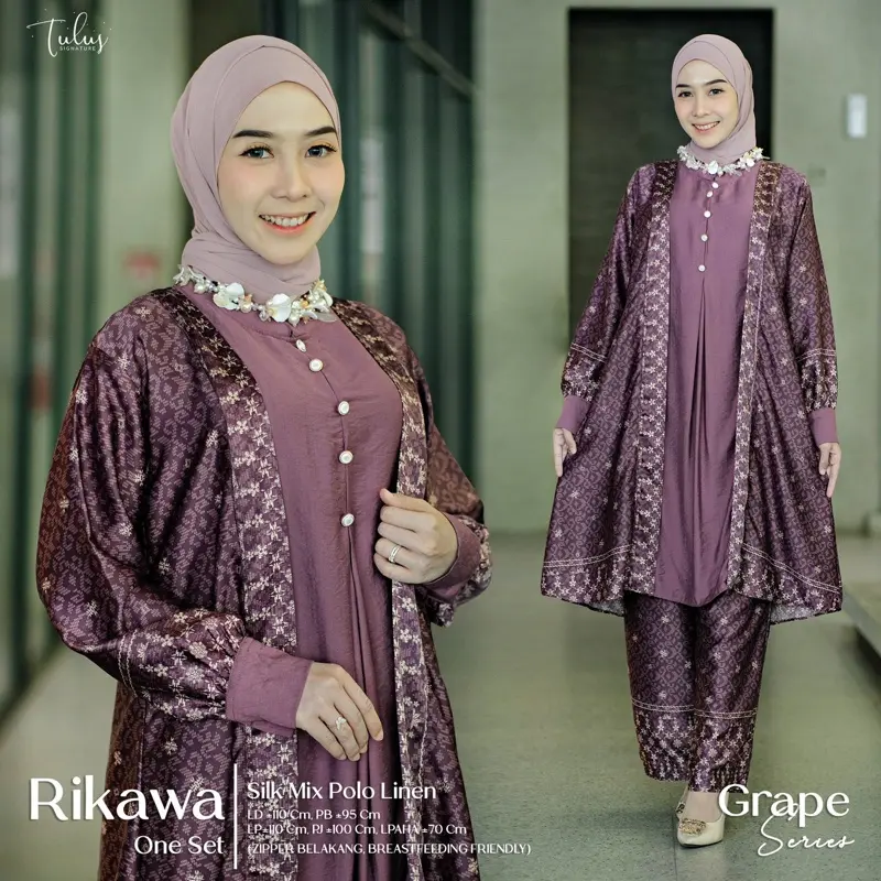 Setelan Muslim Tunik Rikawa Oneset Premium untuk Wanita - Baju Atasan Celana Katun Dewasa Kulot Panjang Rayon Lebaran 2025 Nyaman Linen Silk Motif Bawahan Gamis Simple Formal